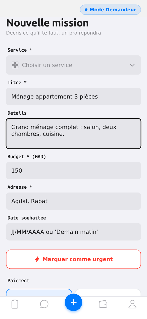 Task creation screen in Yallah.ma